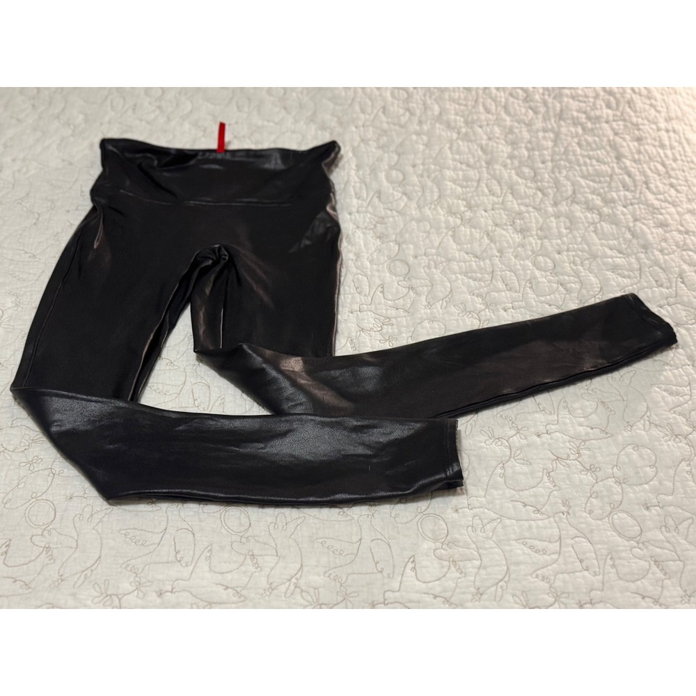 SPANX Faux Leather Leggings S Black Shiny Coated Leggings Ankle High Waist